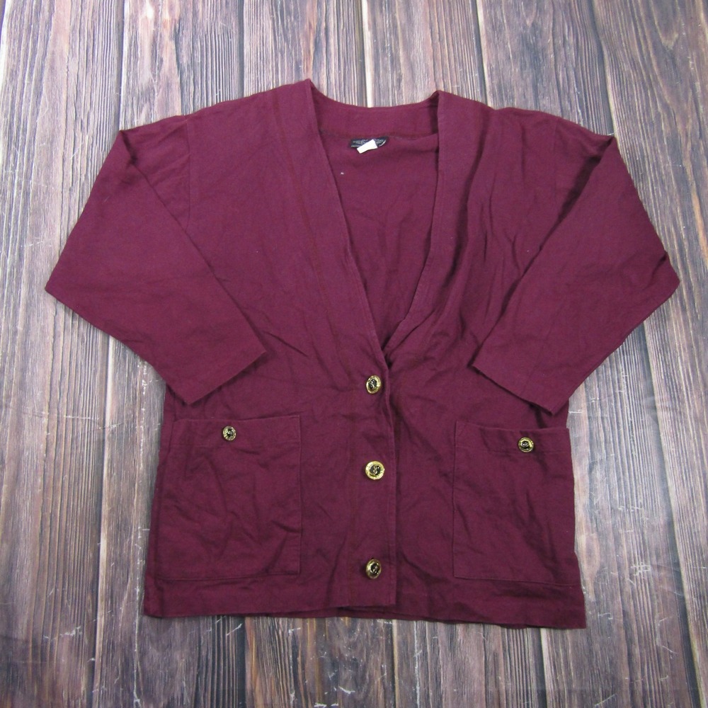 Ever Blue Button-Up Womens S Red Cardigan 3/4 Sleeve V-Neck Pockets Granny Core